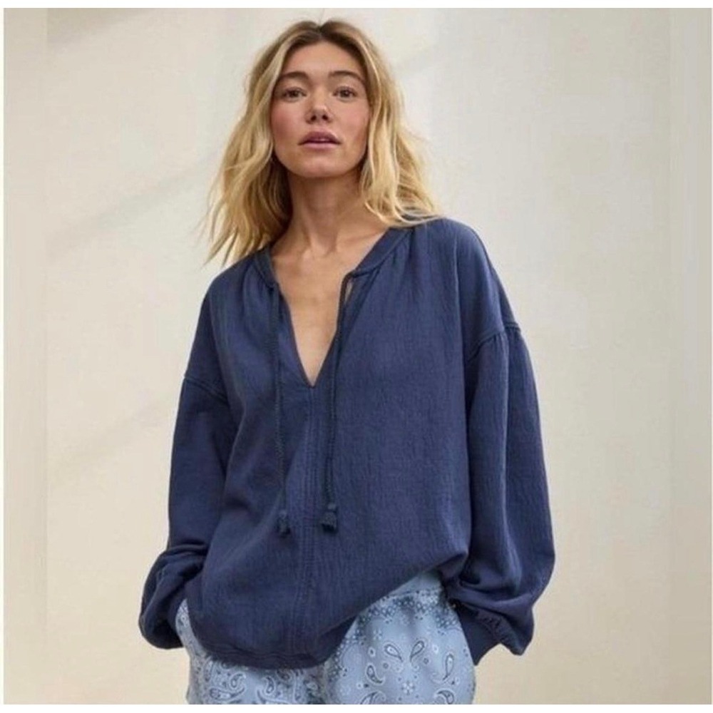 Aerie Textured Gauzy French Terry Pullover Navy Women L‎ Boho Relaxed Oversize